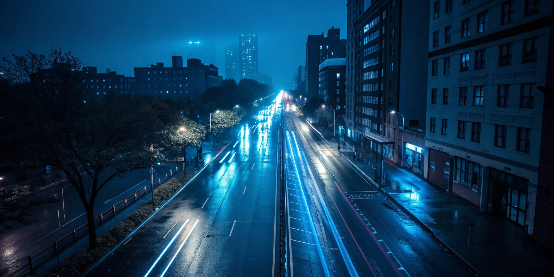 City street at night lit in electric blue