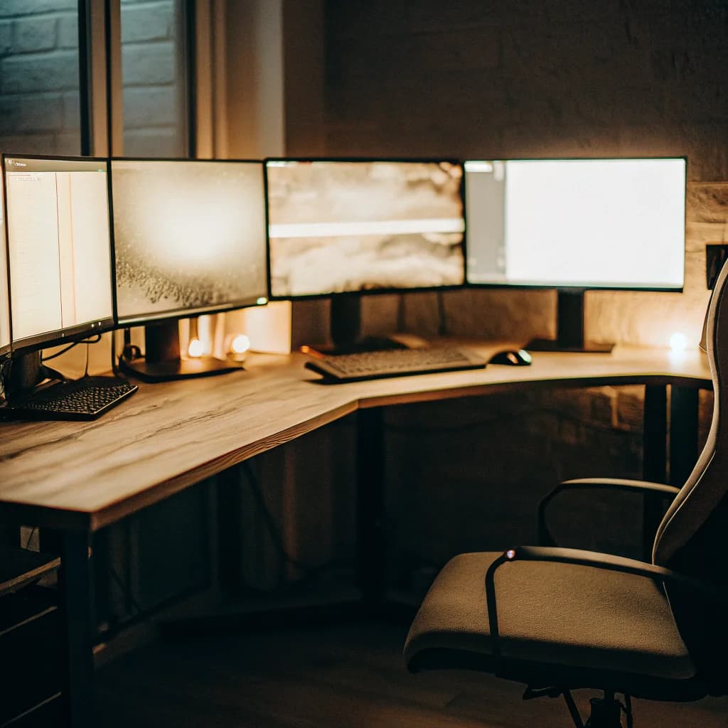 Brandon’s workspace, multiple monitors on a desk